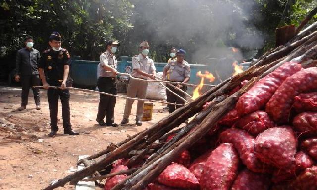 Polres Musnahkan 718 Bawang Ilegal