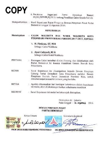 Waduh !! SK Dukungan Demokrat di Pilkada Pekanbaru Salah ?