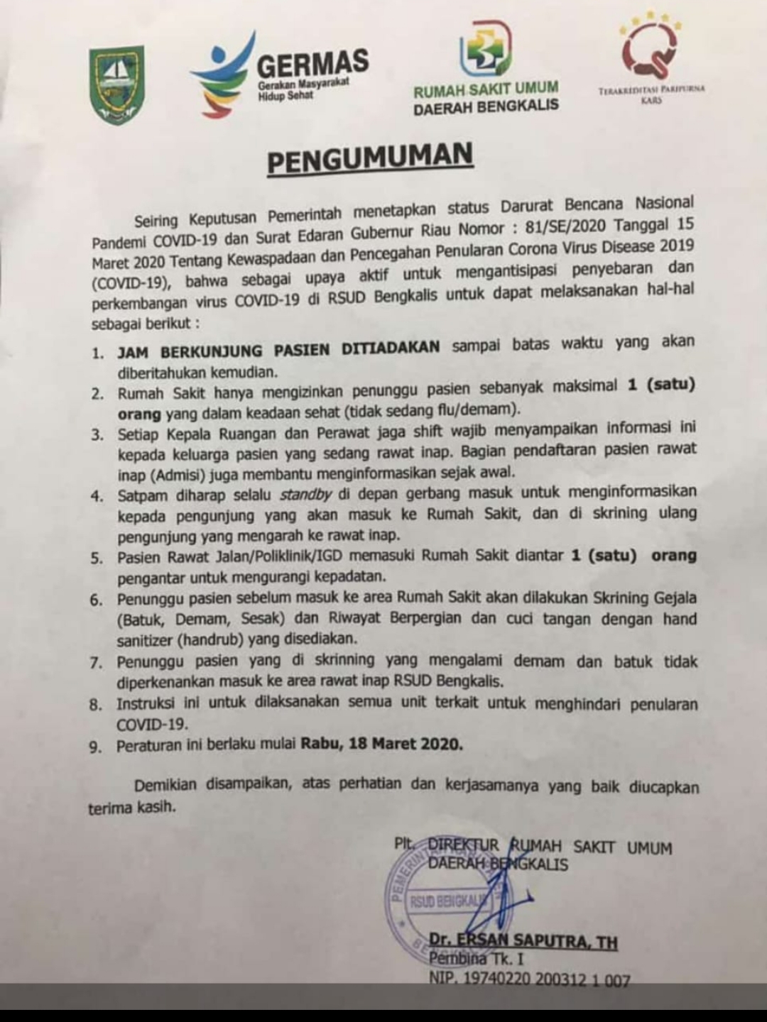 Antisipasi Covid- 19, RSUD Bengkalis Tiadakan Jam Besuk Pasien 