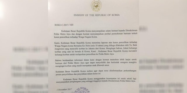 Polda Metro Jaya Terima Laporan Penculikan Anak WN Korsel Yang Dilarikan ke Indonesia
