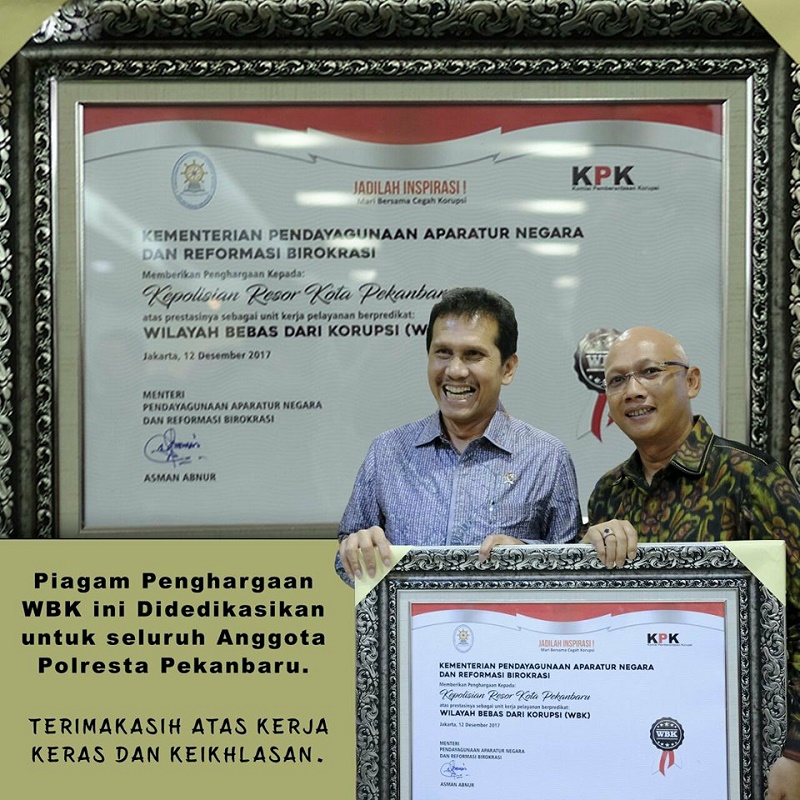 Dinilai WBK, Polresta Pekanbaru Terima Penghargaan dari menPAN RB