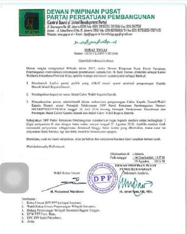 Beredar SK DPP PPP Usung Said Usman Abdullah di Pilwako Pekanbaru