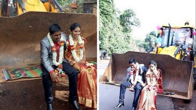 Pengantin Ini Lebih Memilih Naik Buldoser Ketimbang Mobil