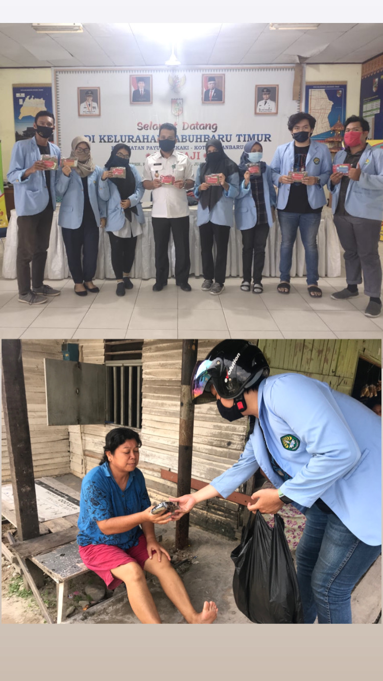 Mahasiswa Pegabdian Universitas Riau 2020 Membagi-bagikan New Normal Kit ke 128 KK di Kelurahan LabuhBaru Timur.