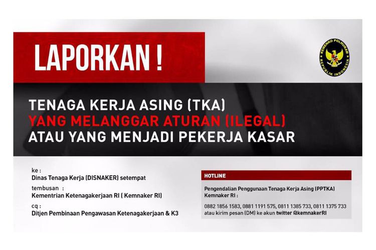 Soal Tenaga Kerja Asing Ilegal, Laporkan ke Sini!