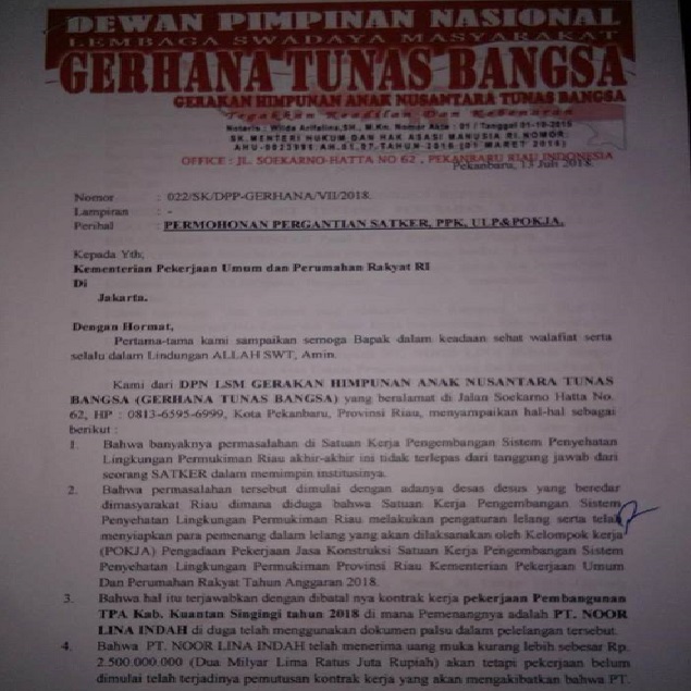 LSM Gerhana Tunas Bangsa Minta Satker, PPK, ULP dan Pokja PSPLP Provinsi Riau Diganti.