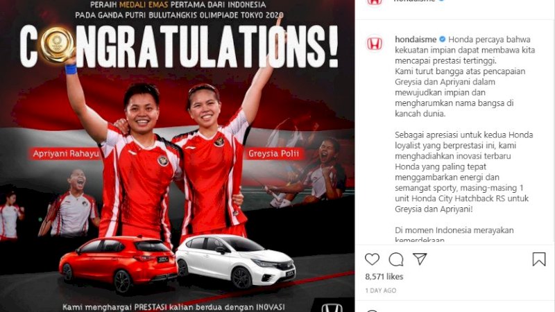 Tak Hanya Jadi Miliarder Mendadak, Greysia Polii-Apriyani Rahayu Dapat Mobil Seharga Rp299 Juta Pula