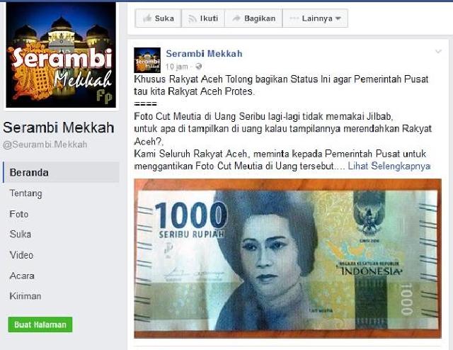 Sejumlah Warga Aceh Protes Foto Tjut Meutia Tanpa Jilbab di Uang Rp.1000 Rupiah 2016