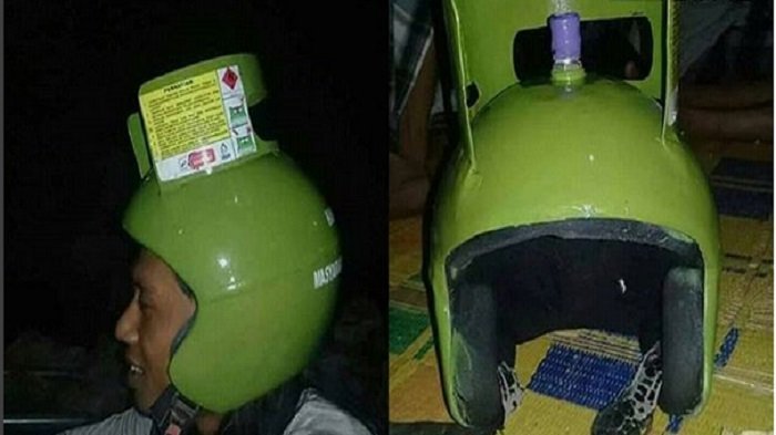 Kocak! Seorang Pria Ubah Tabung Gas 3 Kg Menjadi Helm, Ternyata Ini Sebabnya