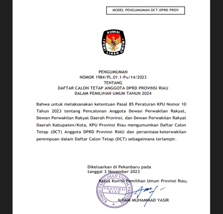 KPU Tetapkan DCT Calon Anggota DPRD Provinsi Riau Pemilu 2024, Ini Nama-namanya