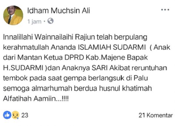 Turut Berduka Cita! Anak Mantan Ketua DPRD Majene Dikabarkan Meninggal Dunia Akibat Gempa