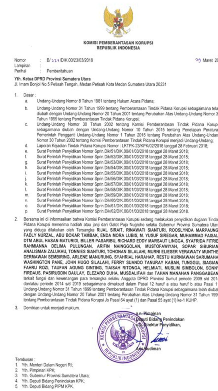 Beredar Surat KPK Tetapkan Tersangka 38 Mantan Anggota dan Anggota DPRD Sumut