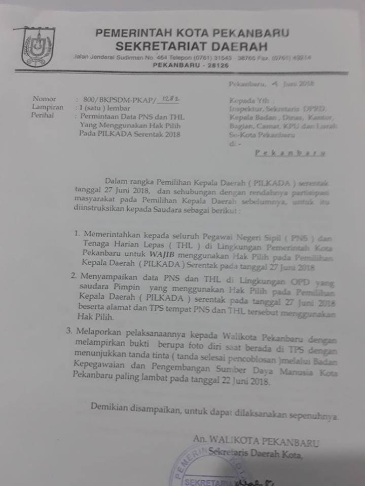 Panwaslu Minta Pemko Pekanbaru Cabut Surat Wajibkan ASN dan THL Foto Usai Memilih