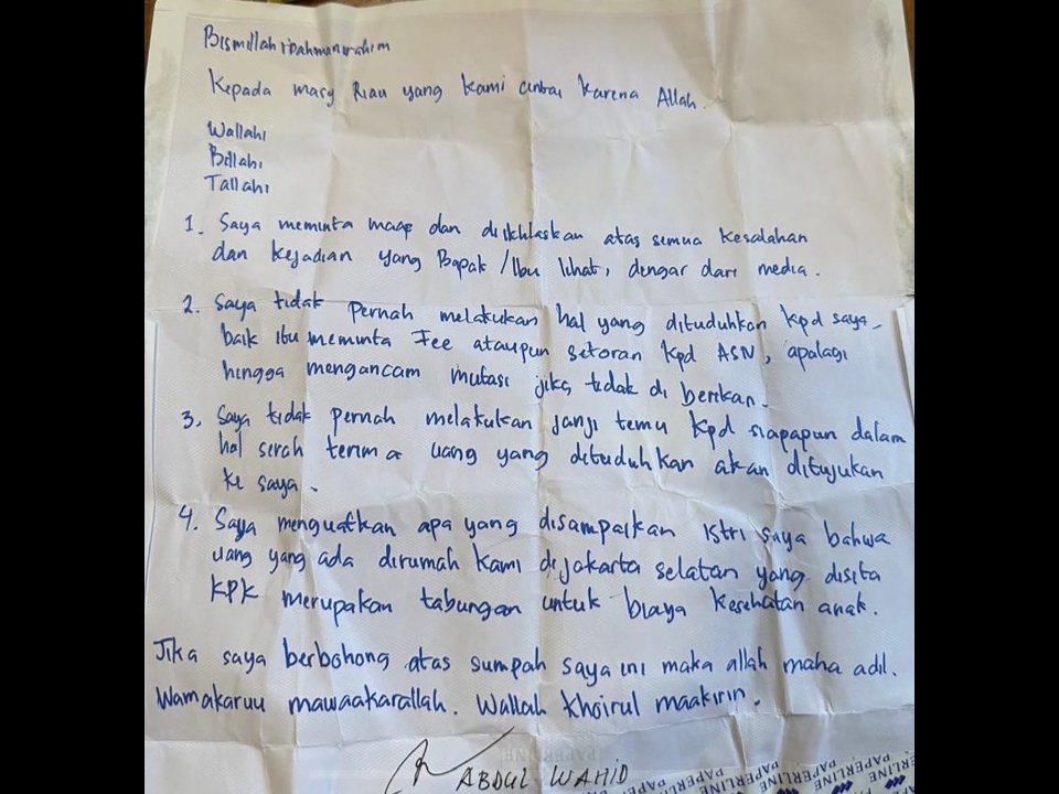 Gubri Abdul Wahid Tulis Surat Sumpah Beralaskan Amplop Putih dari Rutan KPK