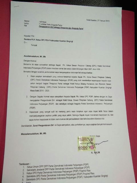 Wakil Bupati Kuansing, Nyatakan Mundur Dari PDIP