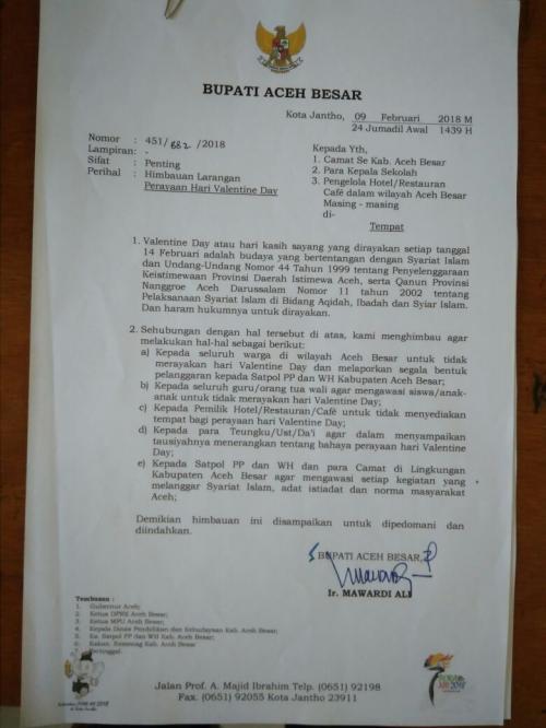 Setelah Pramugari Wajib Berhijab, Bupati Aceh Larang Perayaan Valentine