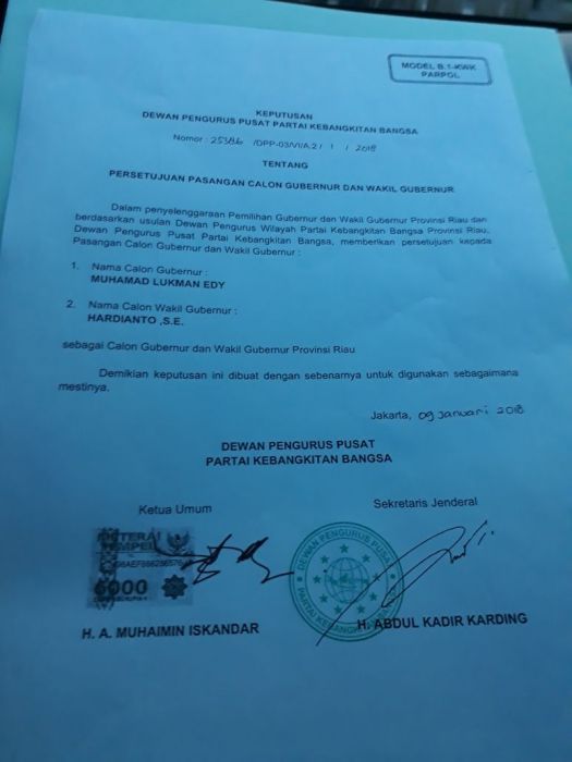 PKB Tunjuk Lukman Edy-Hardianto Bertarung di Pilgubri