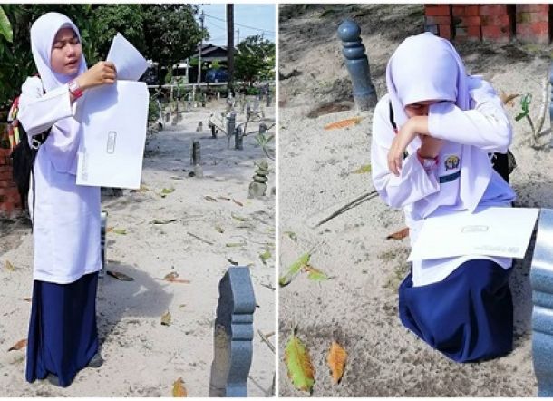 Sambil Menangis Gadis 12 Tahun Ini Bacakan Hasil Ujiannya di Depan Makam Ibu