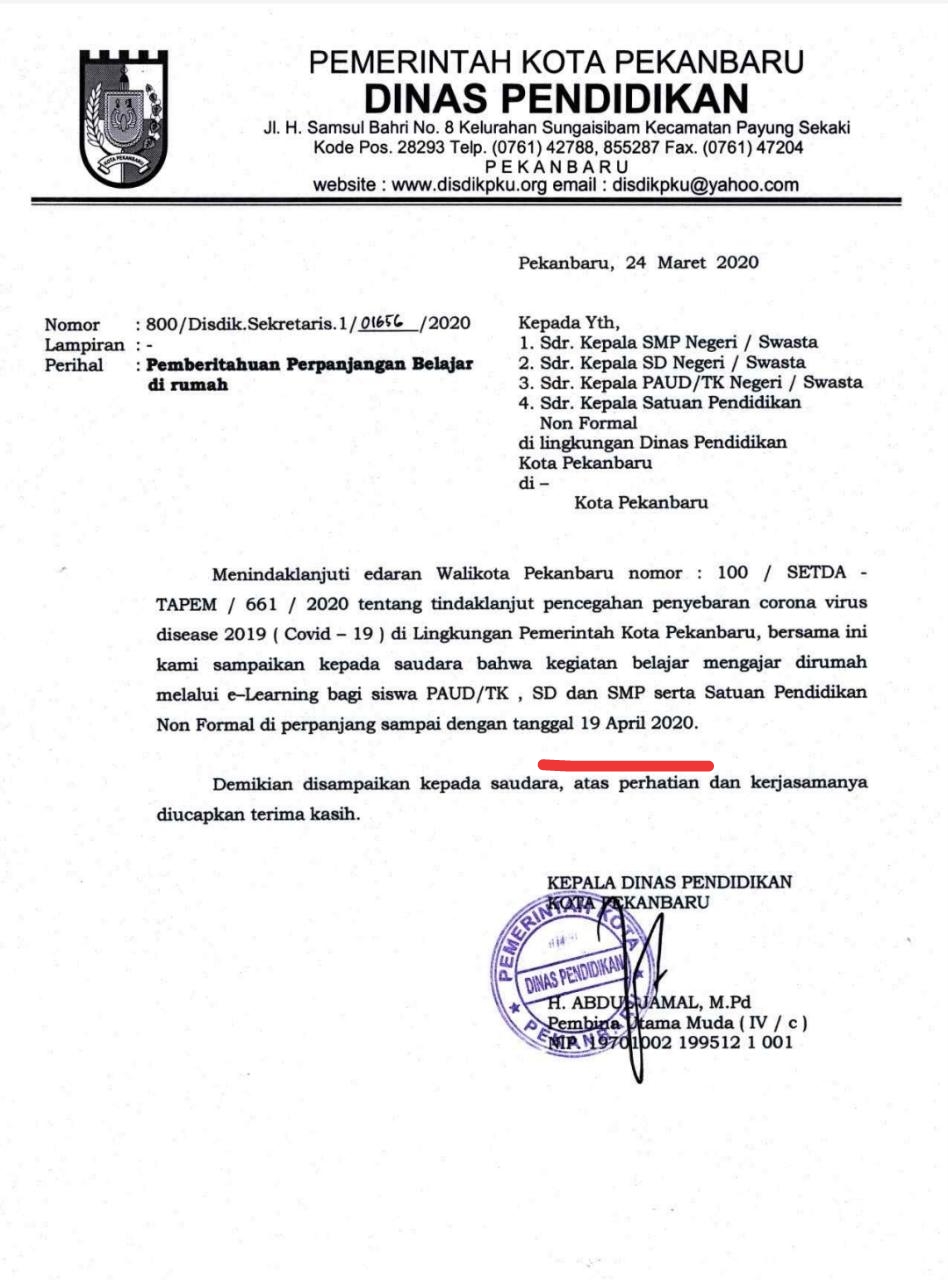 Kadisdik Pekanbaru Terbitkan Surat Pemberitahuan Perpanjangan Siswa Belajar di Rumah