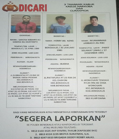 Sudah sepekan Dua Tahanan Polsek Masih Buron, Polres Bengkalis Tingkatkan Pengejaran  