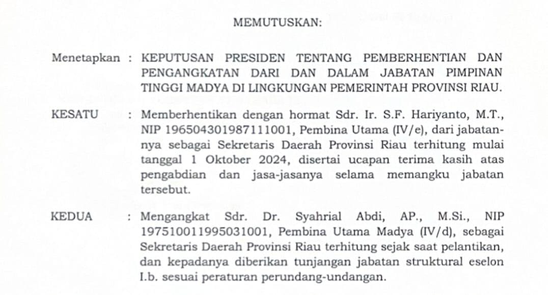 Beredar Keputusan Presiden, Syahrial Abdi sebagai Sekdaprov Riau