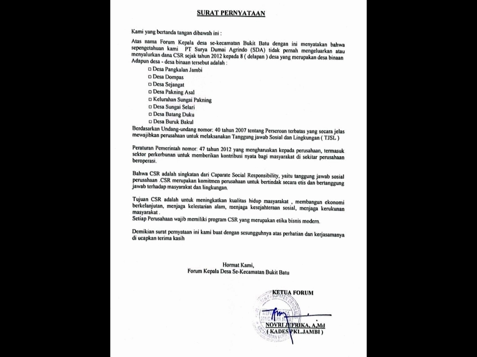 Delapan Desa di Bengkalis Tak Terima CSR dari PT Surya Dumai Agrindo Sejak 2012