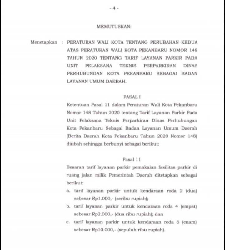 Naskah Perwako Pekanbaru Beredar, Tarif Parkir Kendaraan Roda Dua Dipastikan Turun Jadi Rp1.000
