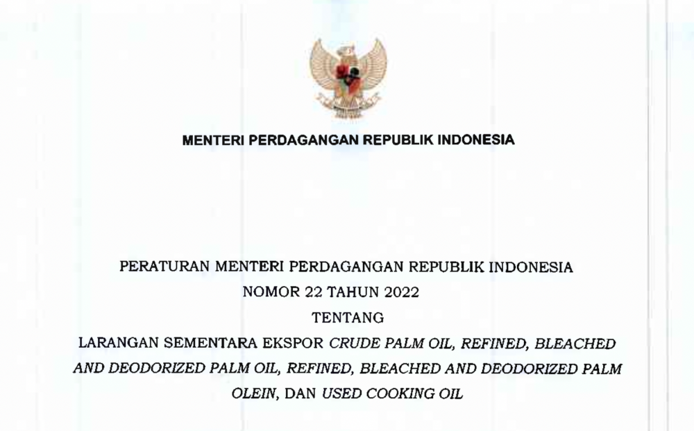 Inilah Permendag 22/2022 tentang Larangan Ekspor Minyak Goreng dan Bahan Baku