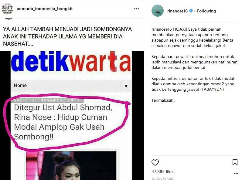 Sebut Ustaz yang Menegurnya Modal Amplop, Rina Nose : Hoax!