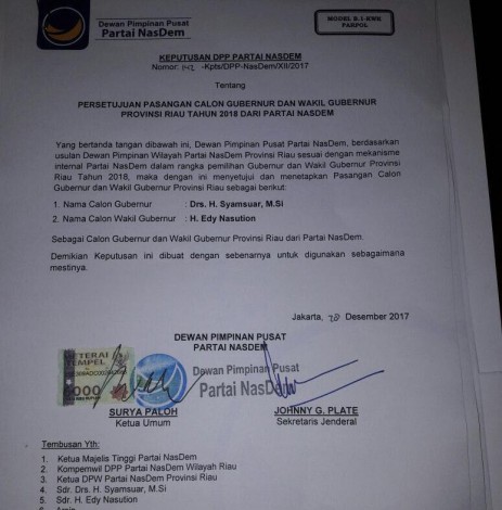 Foto SK Dukungan Nasdem untuk Syamsuar-Edy Nasution Beredar